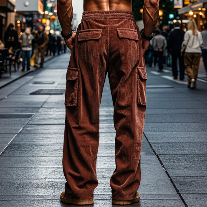 Men's loose corduroy cargo pants with elastic tunnel drawstring waistband and patch flap pockets Mune Fashion