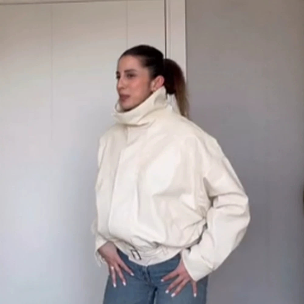 Women Oversize Short Jacket with High Standing Collar, Padded Silhouette and Adjustable Belt Mune Fashion