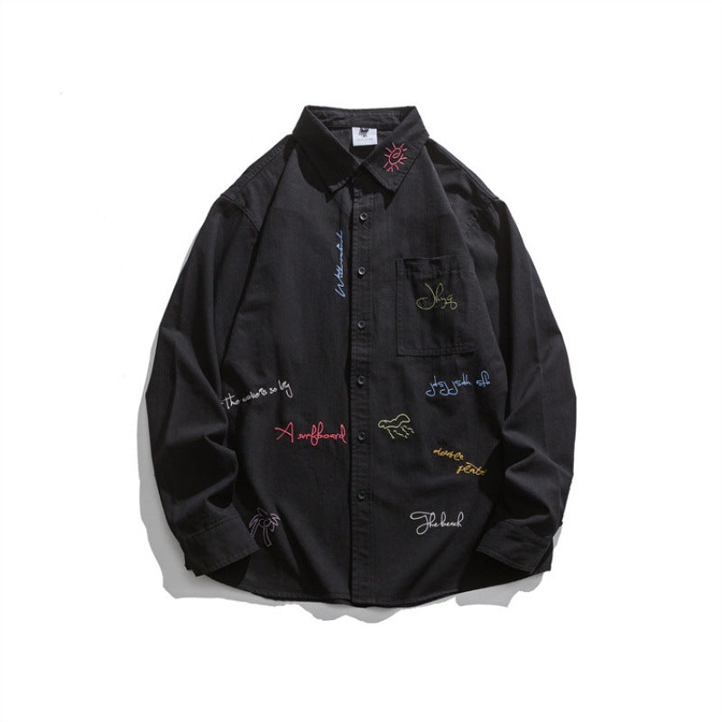 Men's Loose Button-Down Shirt with Multicolored Embroidery and Chest Pocket Mune Fashion