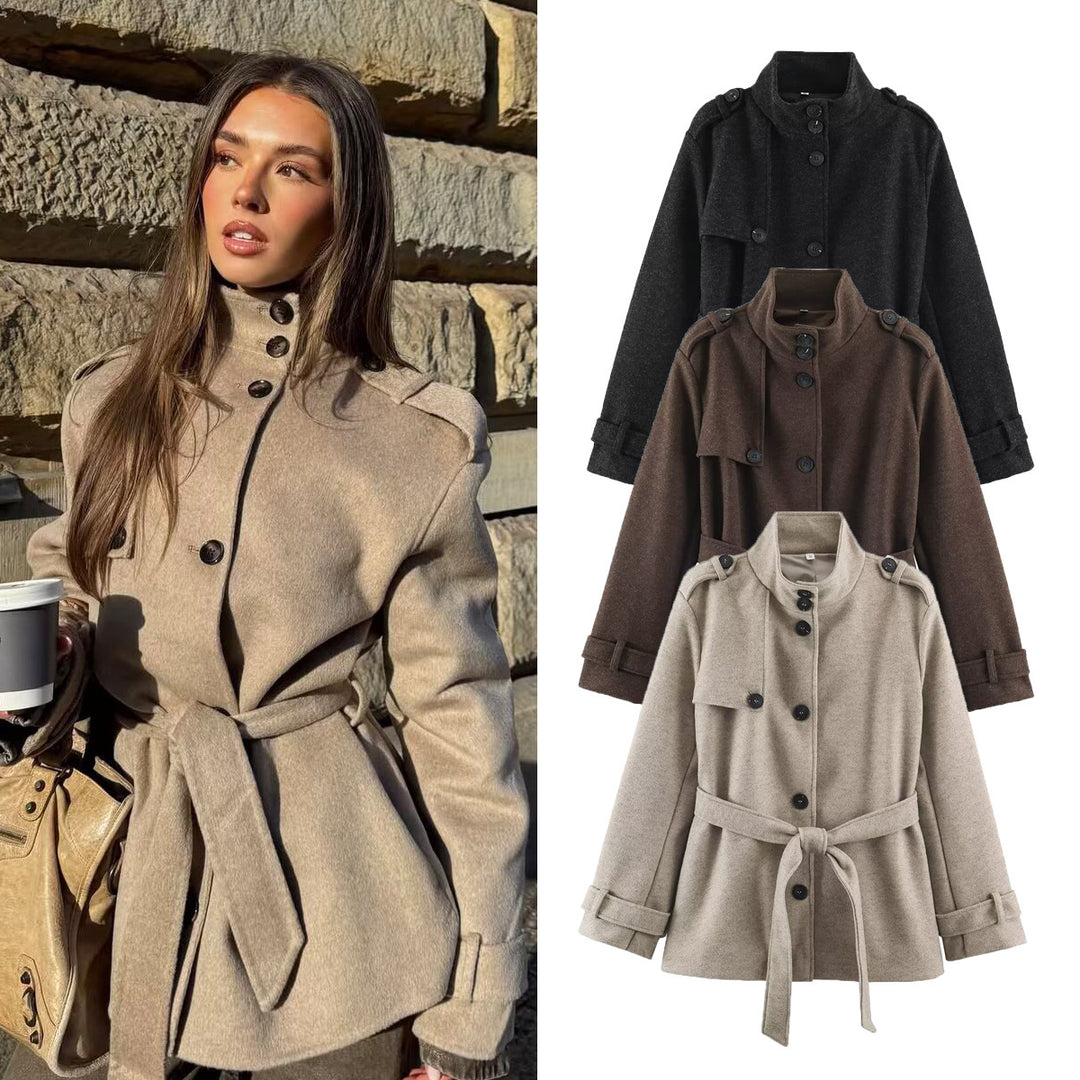 Women's short coat in trench style with tie belt, shoulder pads, and stand-up collar Drune