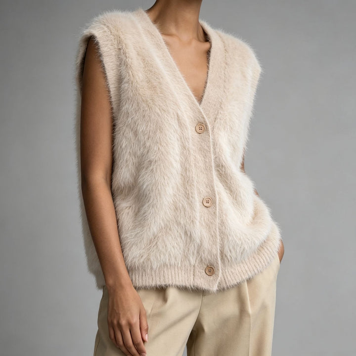Women's Fluffy Sleeveless Button Vest made of Mohair Blend with Deep V-Neck Mune Fashion