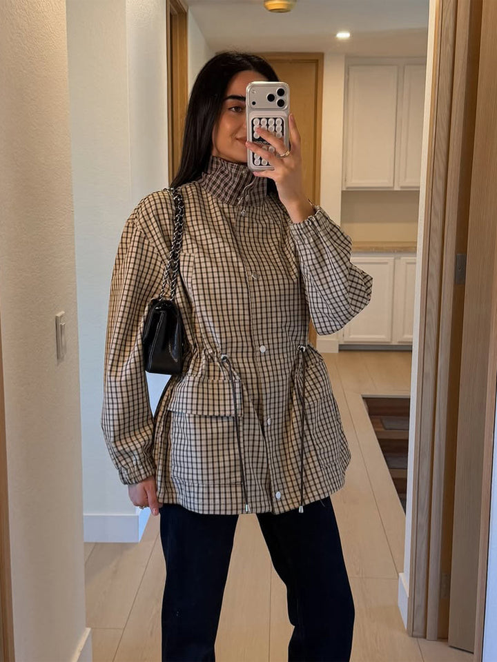 Women Checkered Waist Parka with Stand-up Collar, Drawstring, and Flap Pockets Mune Fashion