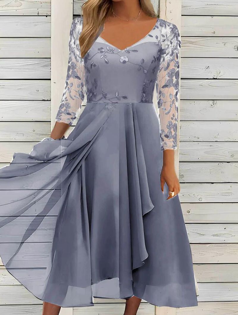 Women's V-neck chiffon midi dress with embroidered bodice, transparent three-quarter sleeves, and asymmetric layered skirt Mune Fashion