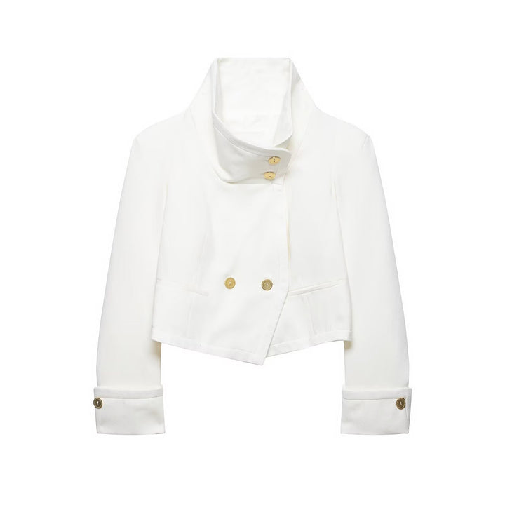 Women's Cropped Blazer with High Stand Collar, Double-Breasted Button Placket and Decorative Cuffs Mune Fashion