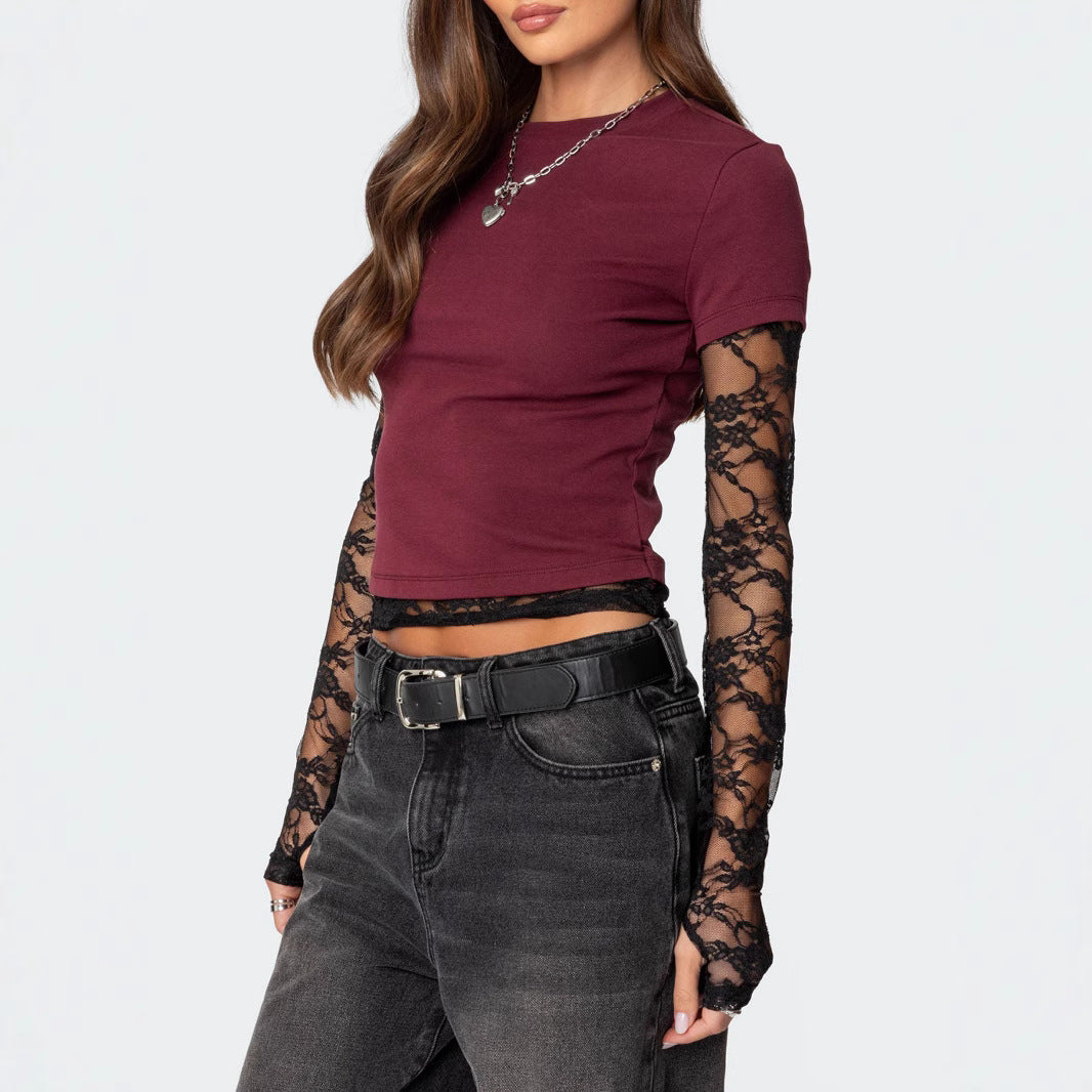 Women's Cropped T-Shirt with Transparent Lace Sleeves Mune Fashion
