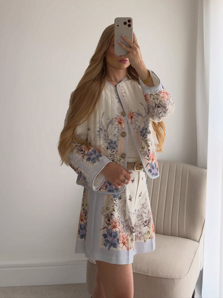 Women Two-Piece Floral Boucle Jacket and Pleated Mini Skirt Set Mune Fashion