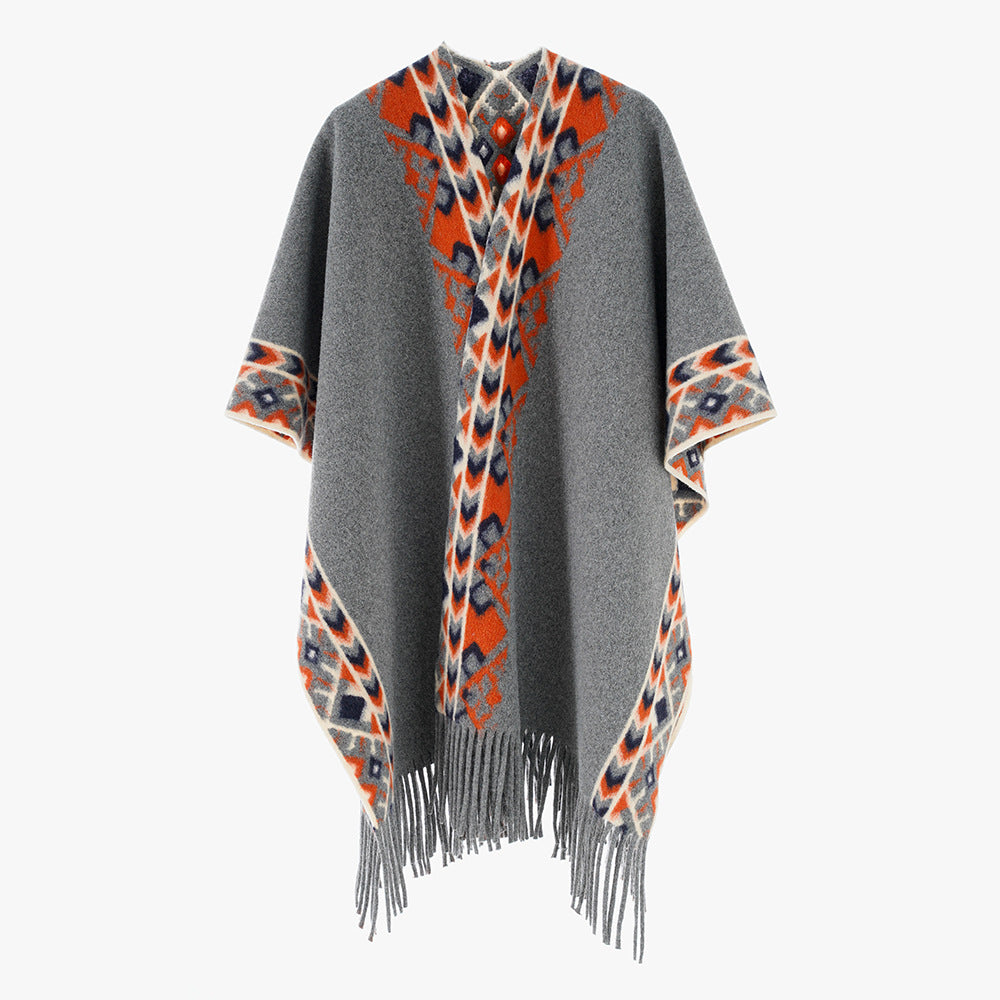 Women's Poncho Wrap with Ethno Jacquard and Fringe Hem Mune Fashion