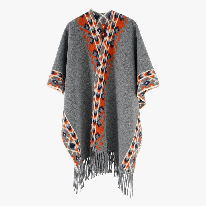 Women's Poncho Wrap with Ethno Jacquard and Fringe Hem Mune Fashion