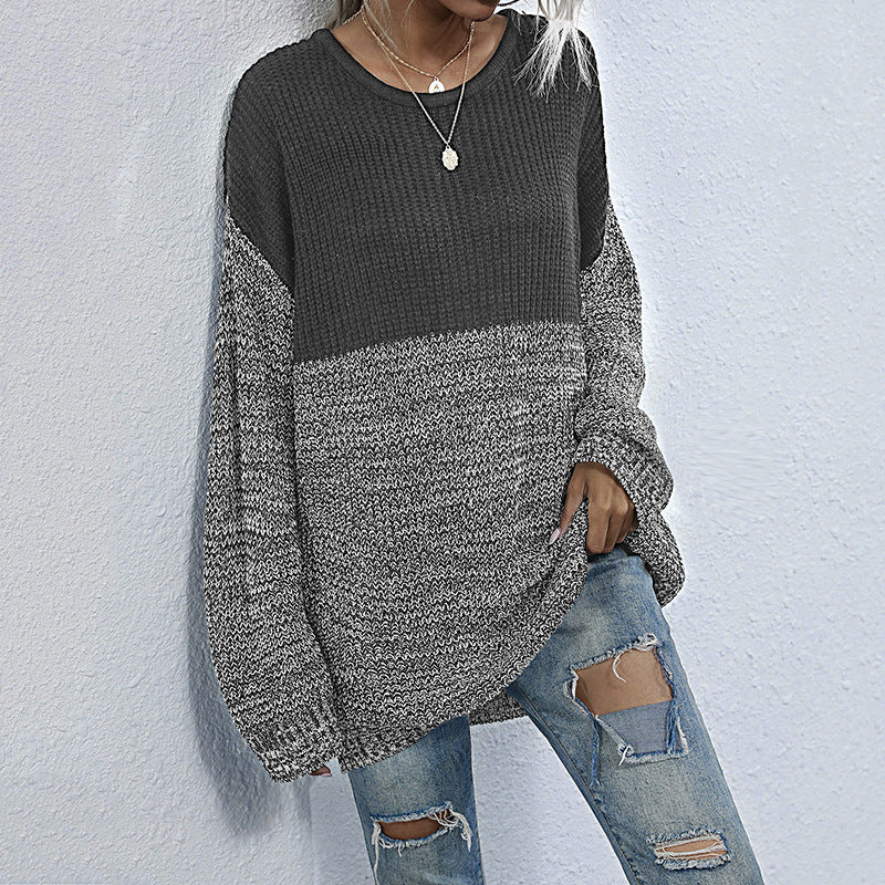 Ladies oversized knitted sweater in melange block design with round neckline & extended hem Mune Fashion