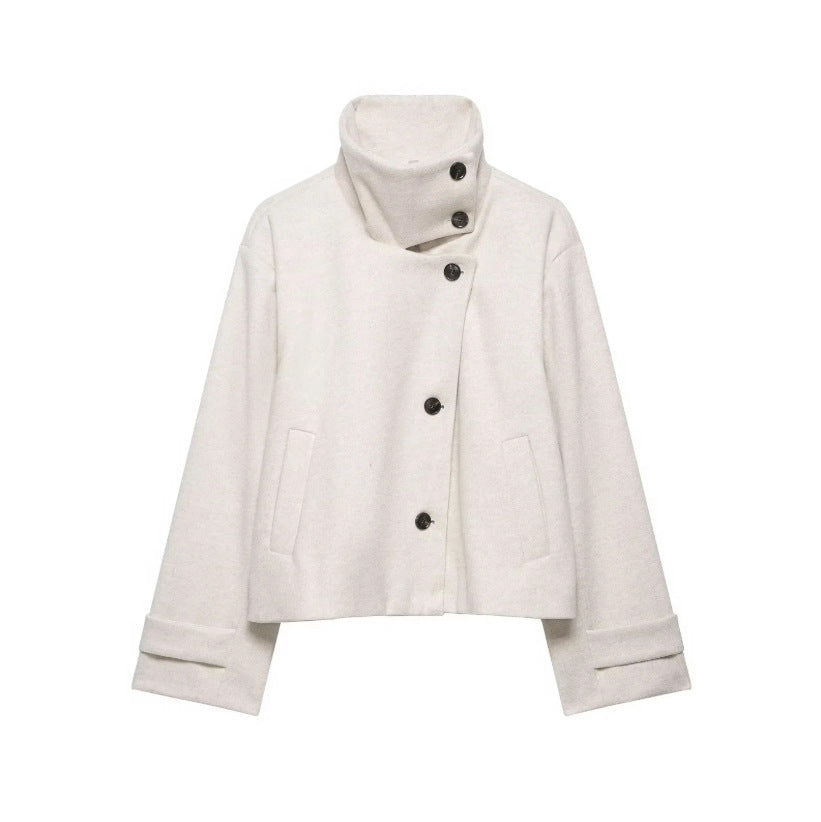 Women's Cropped Wool Blend Short Jacket with High Stand Collar, Asymmetric Button Placket and Cuffed Sleeves Mune Fashion