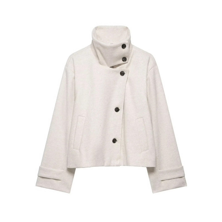 Women's Cropped Wool Blend Short Jacket with High Stand Collar, Asymmetric Button Placket and Cuffed Sleeves Mune Fashion