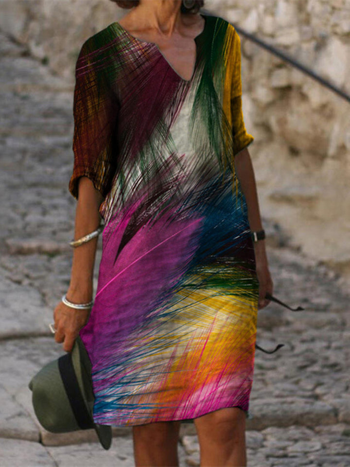 Ladies casual linen dress with V-neck and floral all-over pattern, knee-length with three-quarter sleeves Mune Fashion