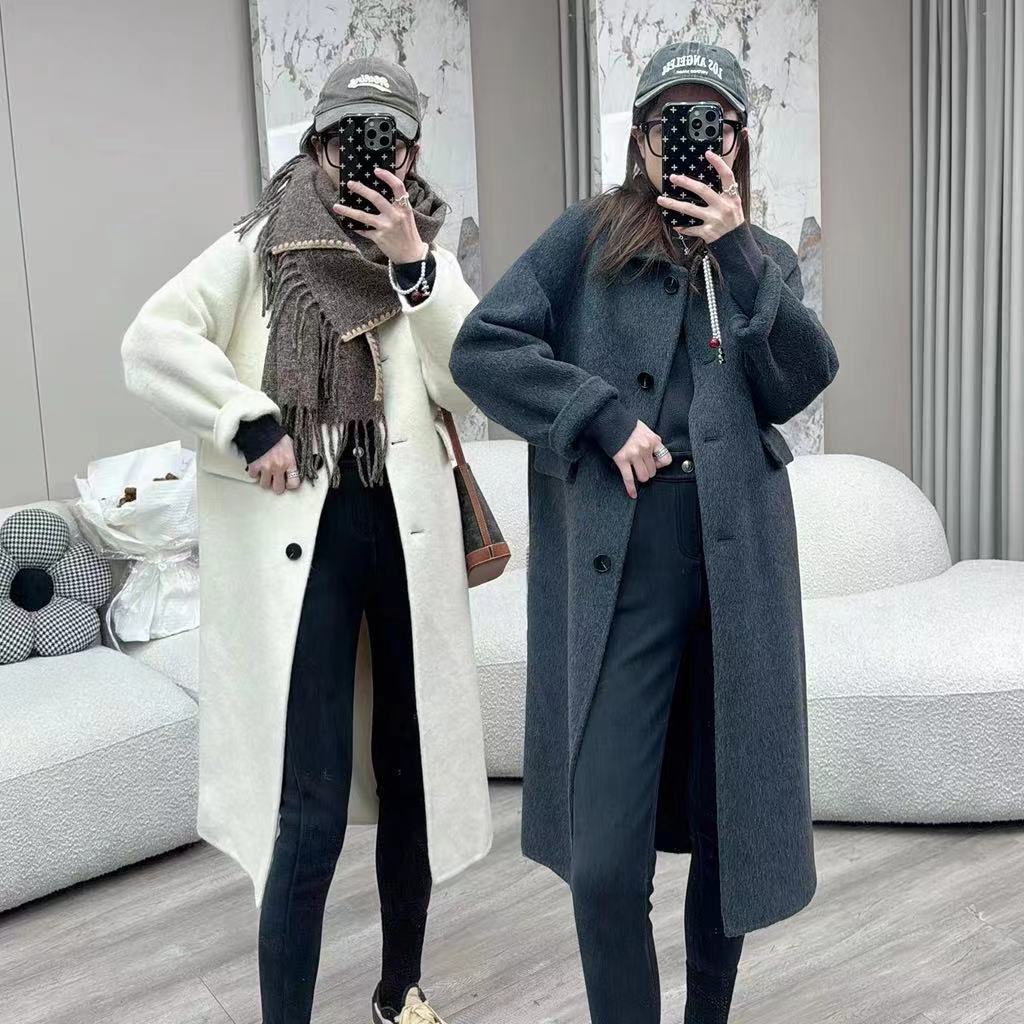Women's Oversize Wool Blend Coat Knee-Length with Concealed Button Placket and Relaxed Shoulder Line Mune Fashion
