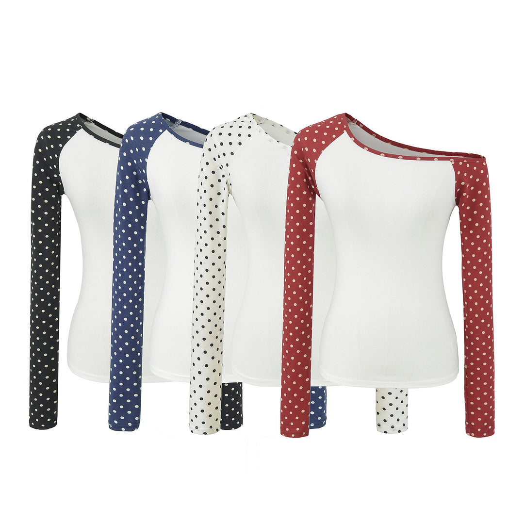 Ladies Asymmetrical Long Sleeve with Polka Dot Raglan Sleeves Mune Fashion