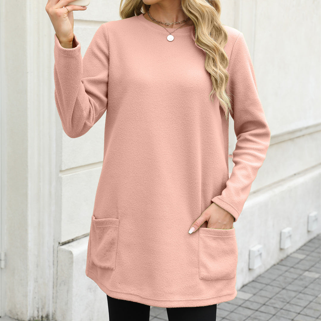 Women's lightweight fleece tunic dress with round neckline and patch pockets Mune Fashion