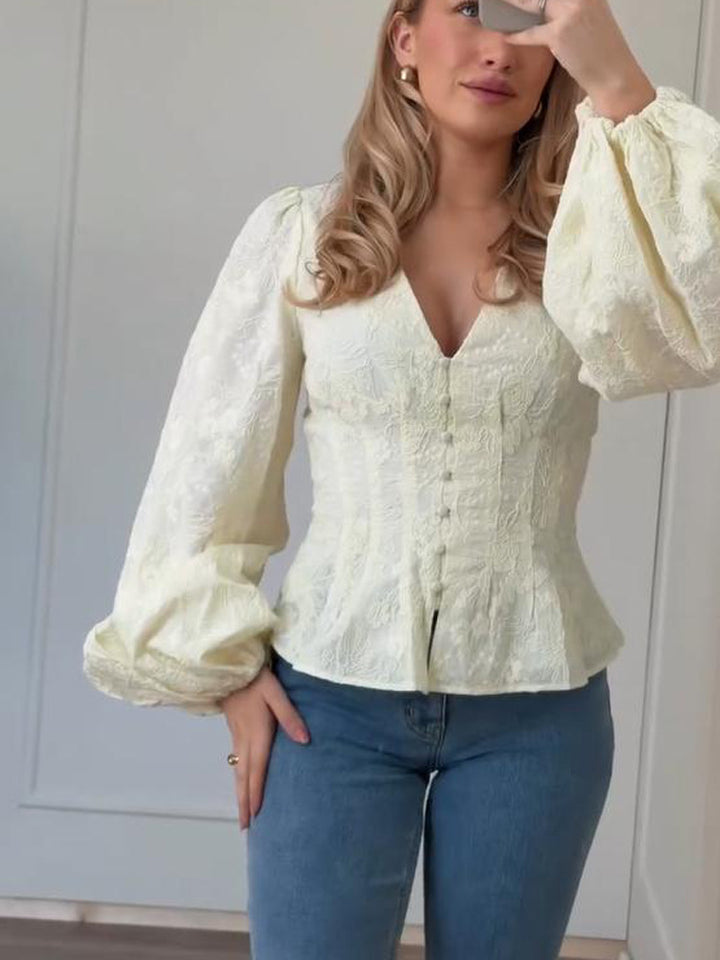 Women's Tailored Lace Blouse in Corset Style with V-Neck, Button Placket and Balloon Sleeves Mune Fashion