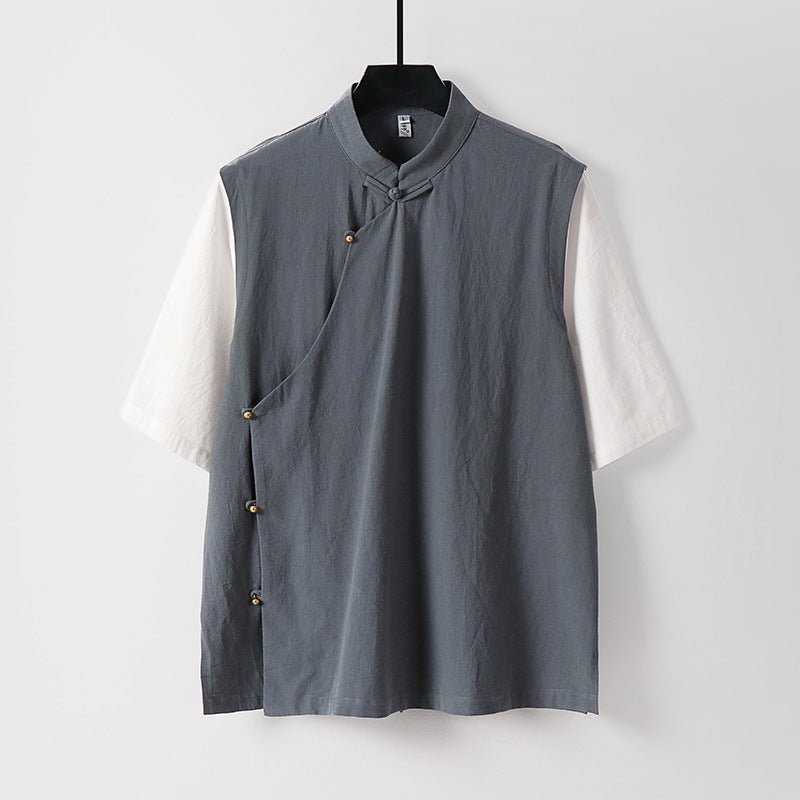 Men's Asymmetrical Linen Vest with Stand Collar and Side Button Placket Mune Fashion