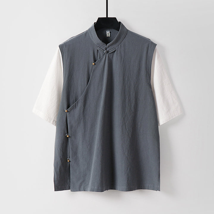 Men's Asymmetrical Linen Vest with Stand Collar and Side Button Placket Mune Fashion