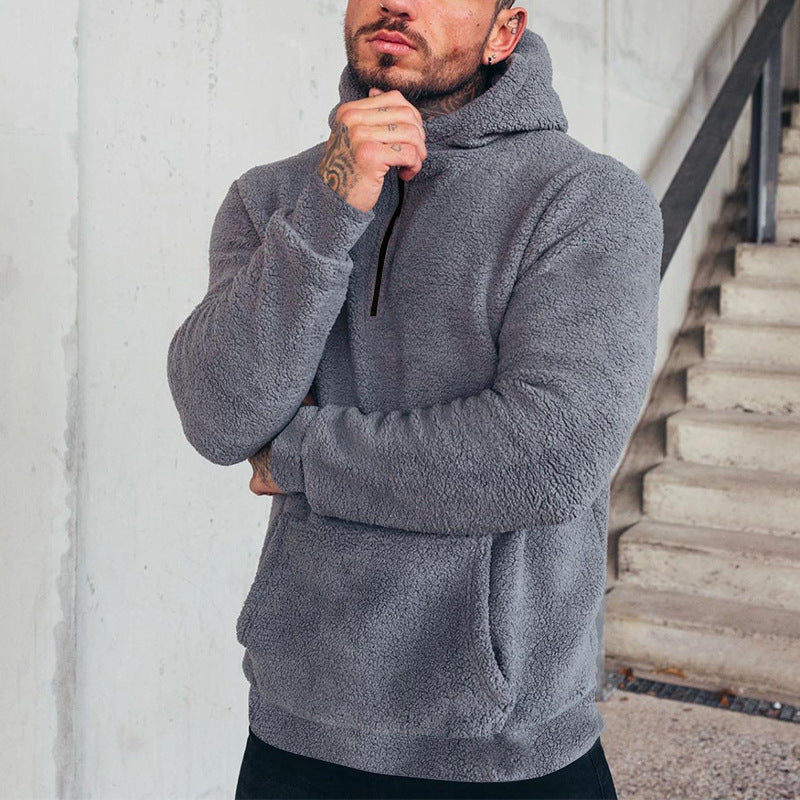 Men's cozy Sherpa hoodie with kangaroo pocket and high collar Mune Fashion