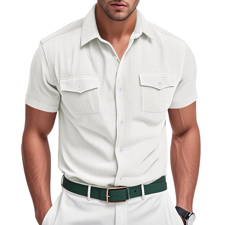 Men's casual short-sleeve shirt with lapel collar, patch flap pockets and fine pinstripe texture Mune Fashion