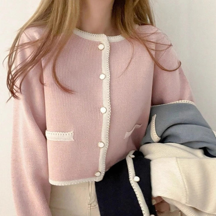 Women Short-Cut Ribbed Cardigan with Contrast Crochet Trim, Decorative Button Placket and Pocket Trim Mune Fashion