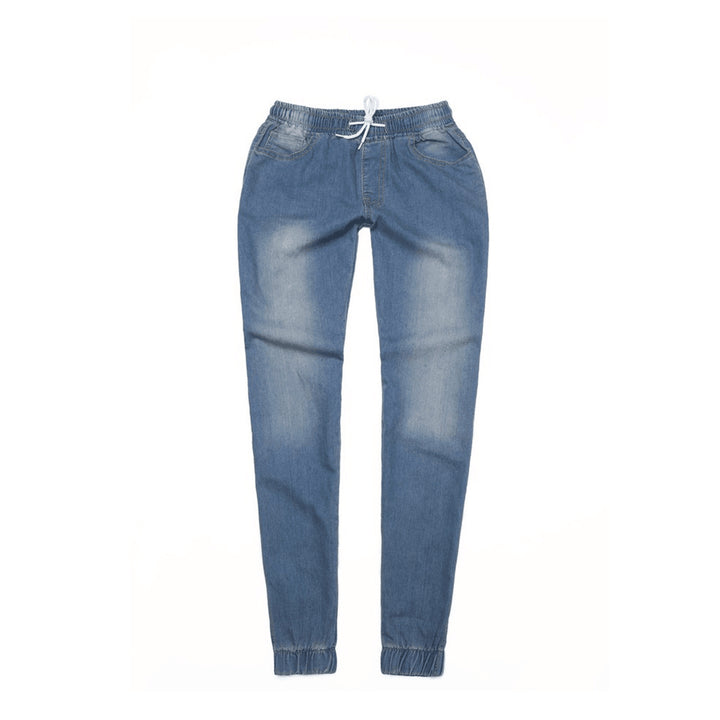 Women's narrow-cut denim joggers with elastic waistband, drawstring, and elastic leg cuffs Mune Fashion