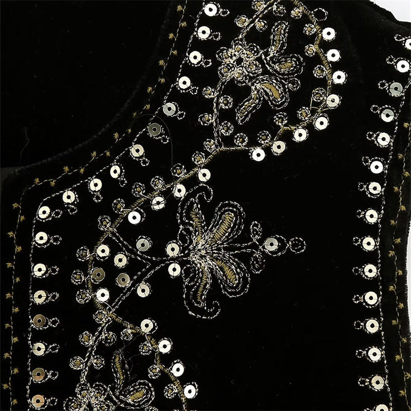 Women Embroidered Velvet Cropped Vest with Bead and Sequin Trim Mune Fashion