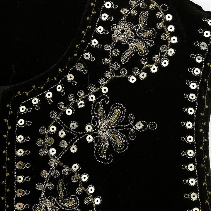 Women Embroidered Velvet Cropped Vest with Bead and Sequin Trim Mune Fashion