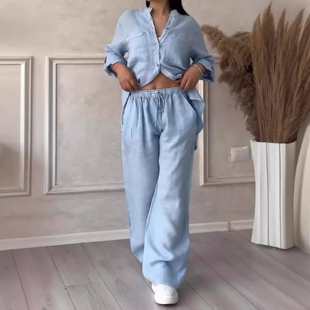 Women's casual linen two-piece set with loose shirt blouse, patch breast pockets, and elastic drawstring waistband Mune Fashion