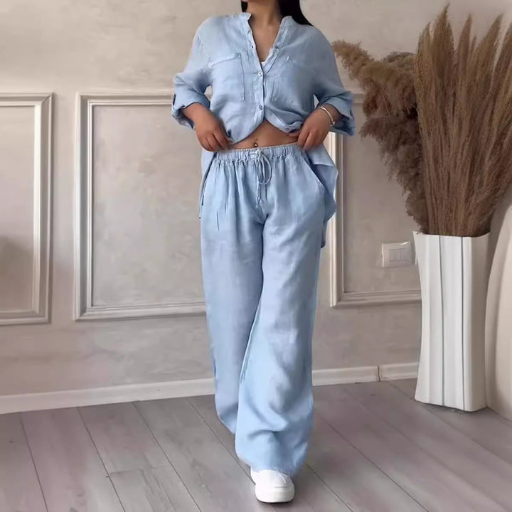Women's casual linen two-piece set with loose shirt blouse, patch breast pockets, and elastic drawstring waistband Mune Fashion