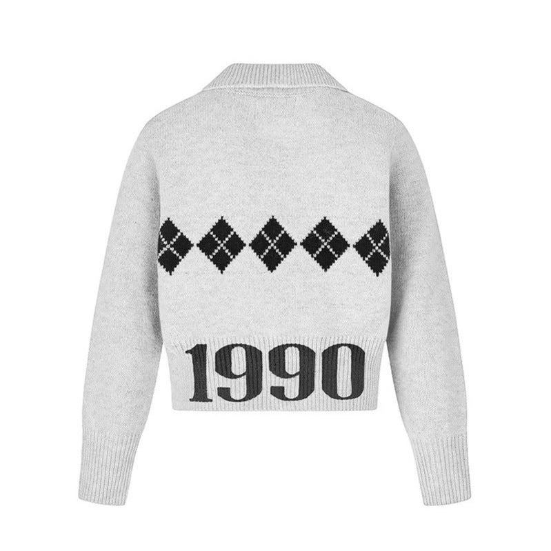 Women’s Cropped Knit Sweater with Polo Collar, Ribbed Hem and Argyle Pattern Mune Fashion