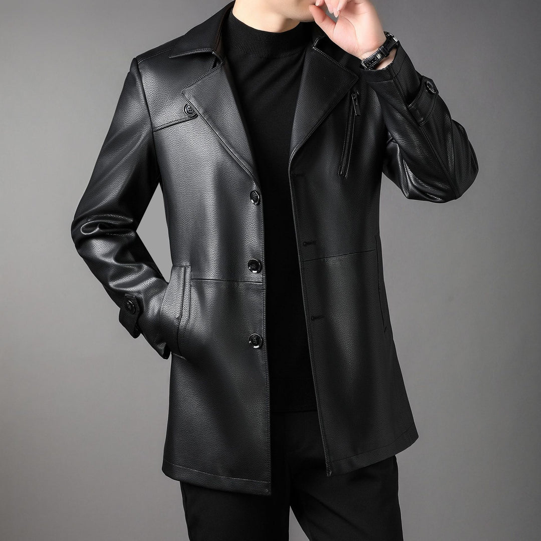 Men's long leather coat with lapel collar and chest zip Mune Fashion