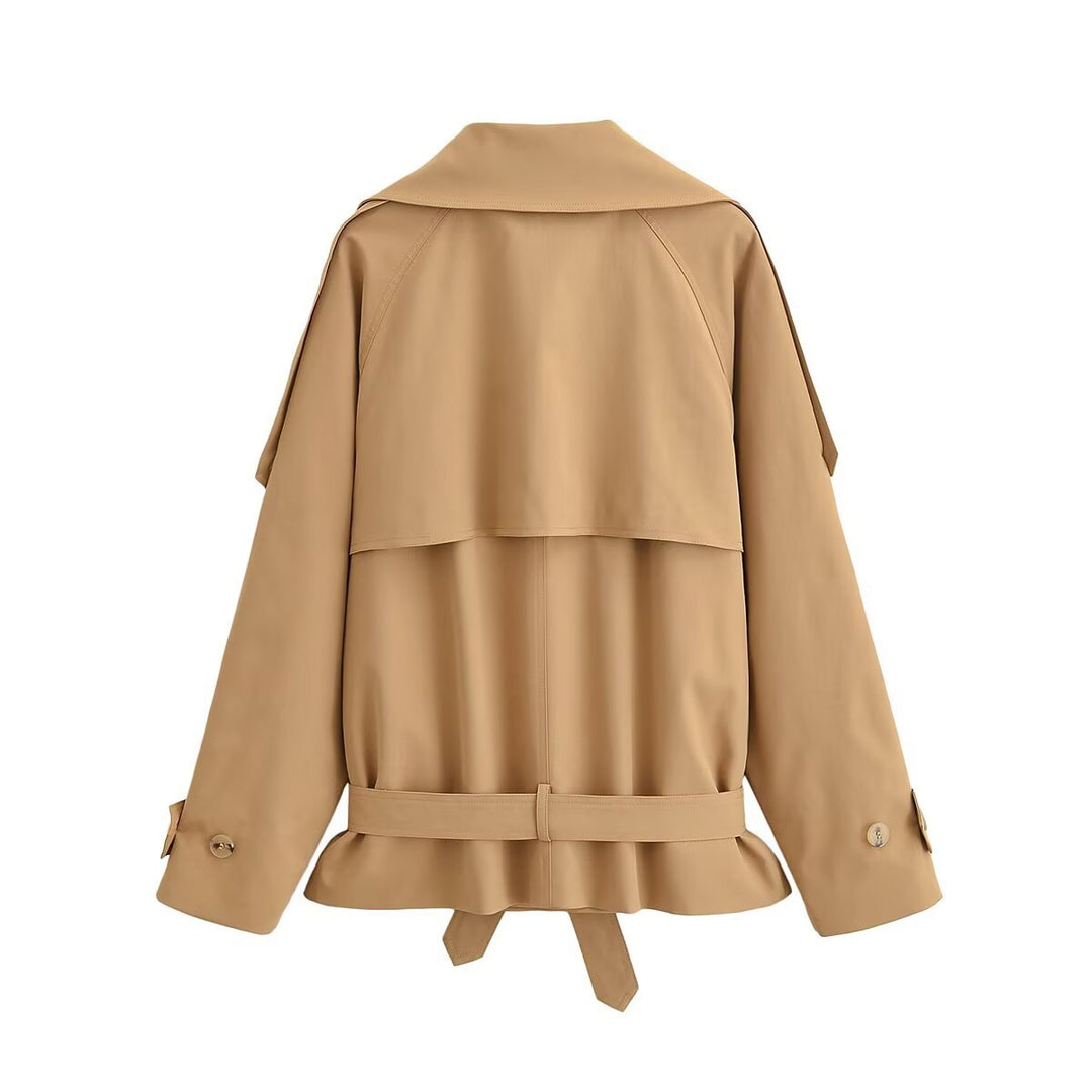Women Short Double-Breasted Trench Coat with Peplum and Ties Mune Fashion