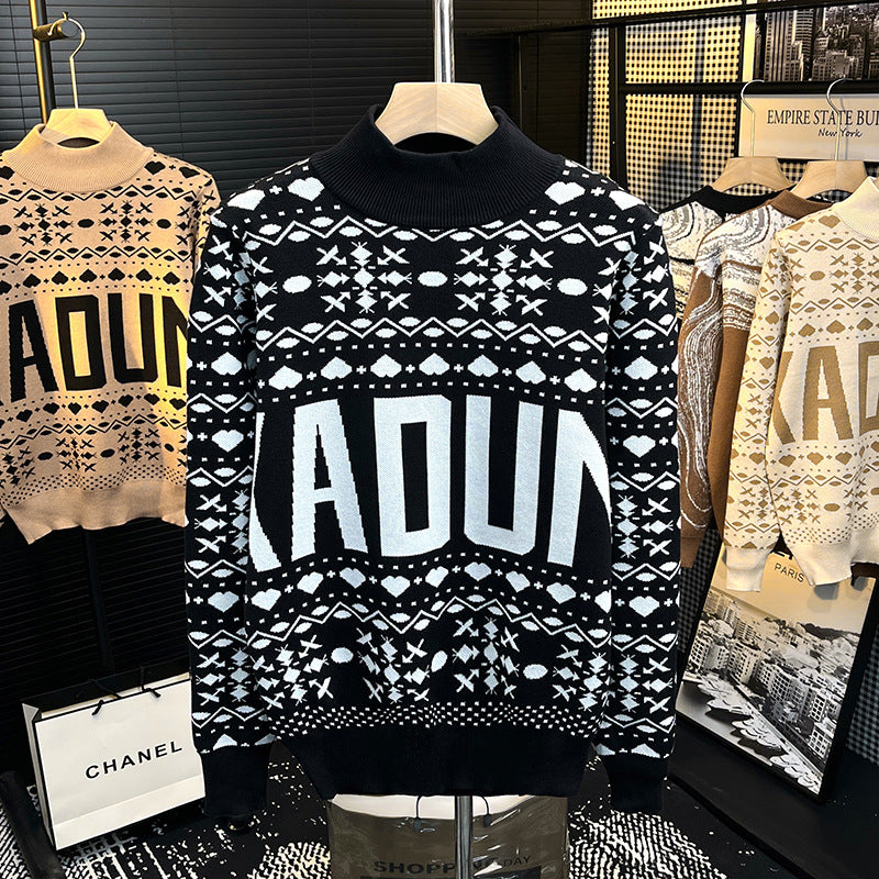 Men's turtleneck sweater with Norwegian jacquard and large logo print Mune Fashion