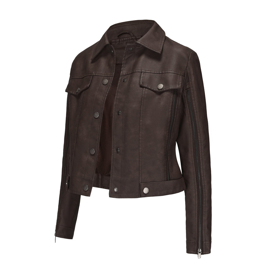 Ladies short cropped trucker jacket made of suede look with side zippers and patch chest pockets Mune Fashion