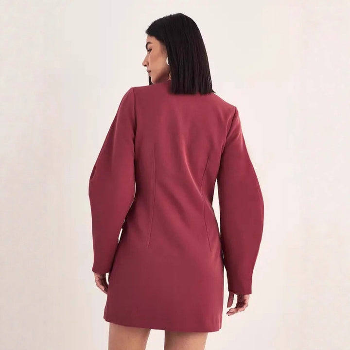 Women Tailored Blazer Mini Dress with Balloon Sleeves and Flap Pockets Drune