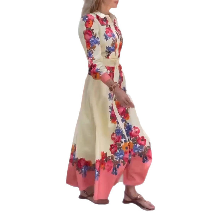 Women's long hem blouse dress with floral print, tie belt, and ruffle trim Mune Fashion