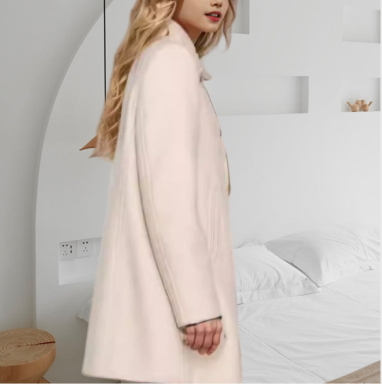 Women's Double-breasted Long Coat with Stand Collar and Decorative Buttons Mune Fashion