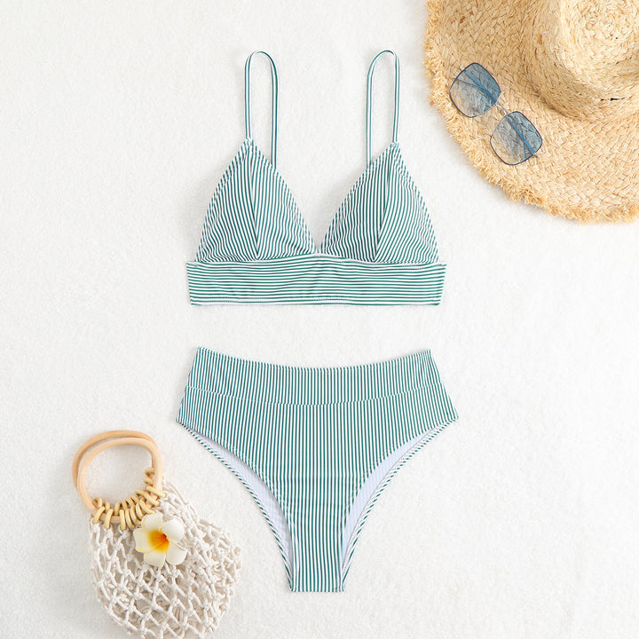 Women's High-Waisted Bikini Set with Fine Stripes Mune Fashion