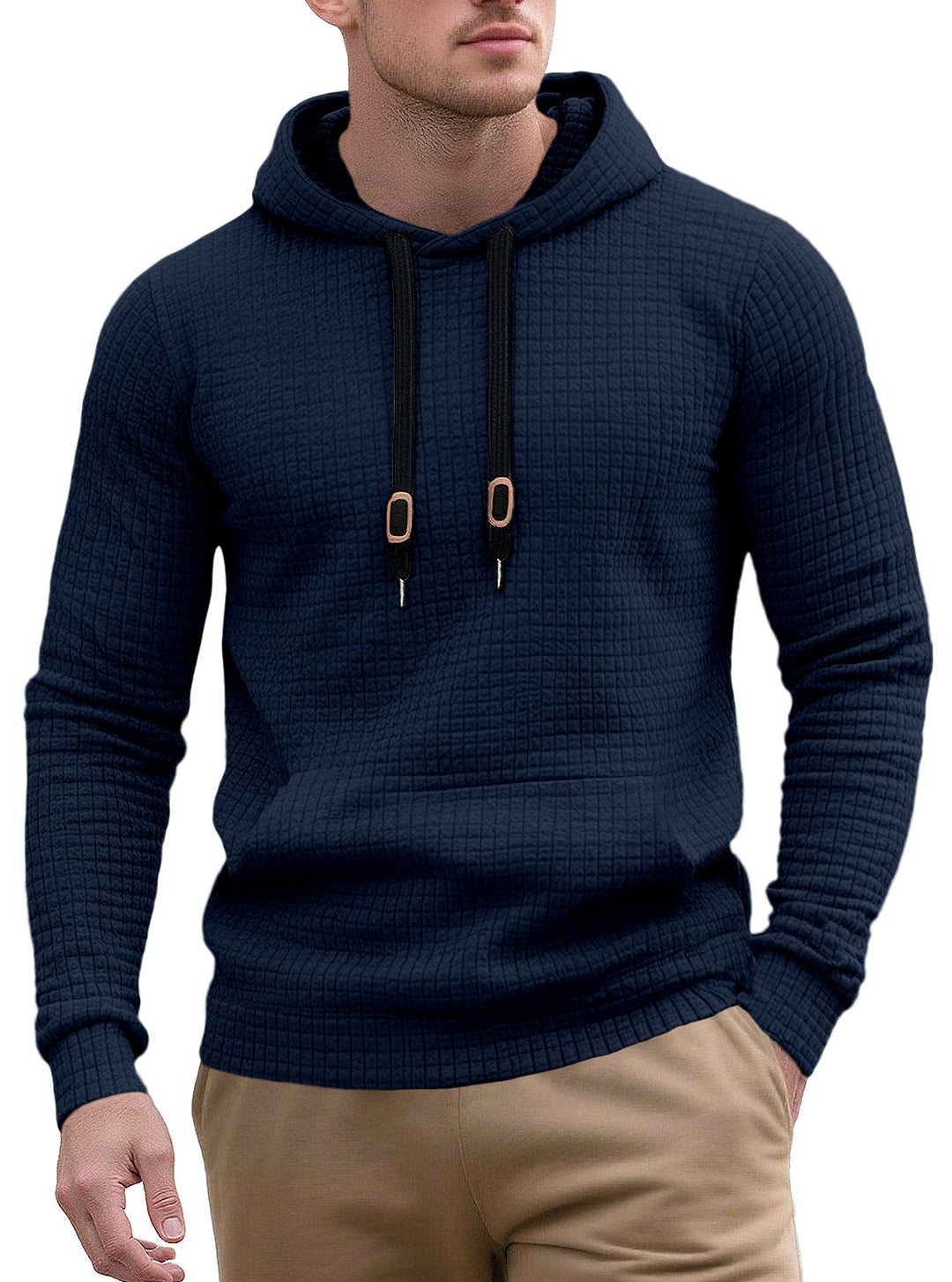 Men's narrow-cut quilted hoodie with fine square texture, drawstring and ribbed hem Mune Fashion