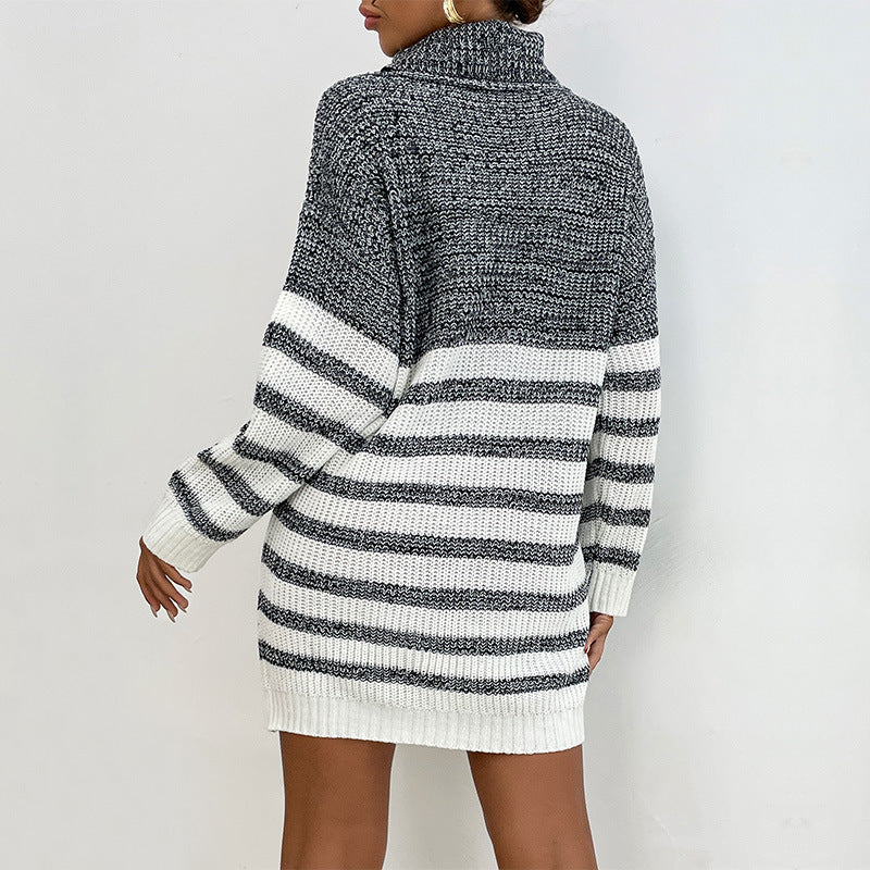 Women's Short Knit Dress in Maritime Look with Roll Neck, Ribbed Cuffs and Casual Oversized Silhouette Mune Fashion