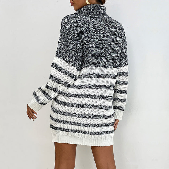 Women's Striped Turtleneck Knit Dress with Tailored Silhouette Mune Fashion