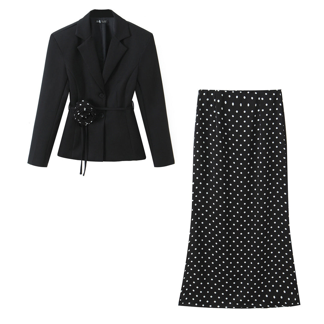 Women's Two-Piece Tailored Blazer and Midaxi Skirt Set with Rose Appliqué on the Belt and Polka Dot Skirt Mune Fashion