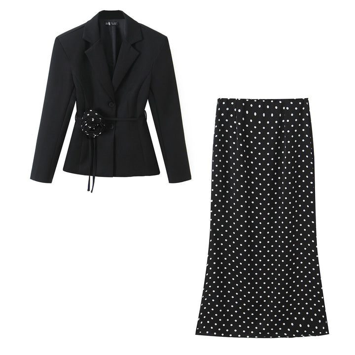 Women's Two-Piece Tailored Blazer and Midaxi Skirt Set with Rose Appliqué on the Belt and Polka Dot Skirt Mune Fashion