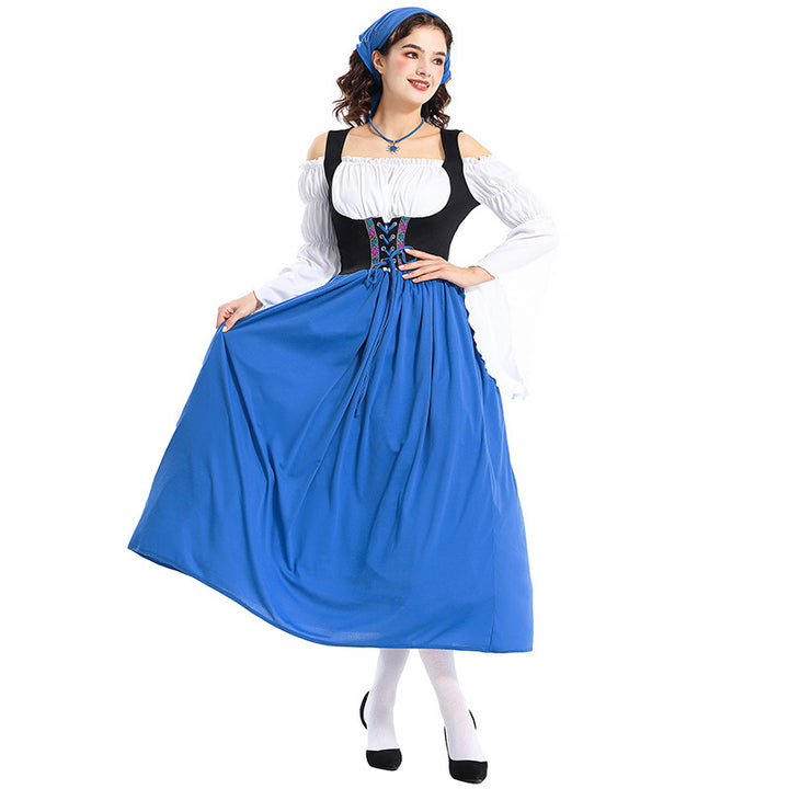 Ladies' Renaissance peasant dress with laced bodice, off-the-shoulder Carmen top, and wide skirt Mune Fashion