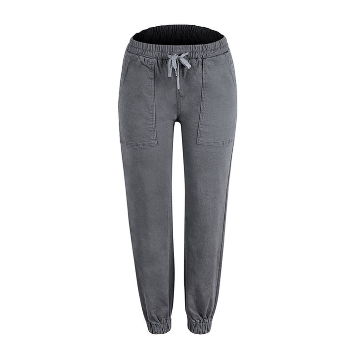 Women's denim jogger pants with cargo pockets and elastic drawstring waistband Mune Fashion