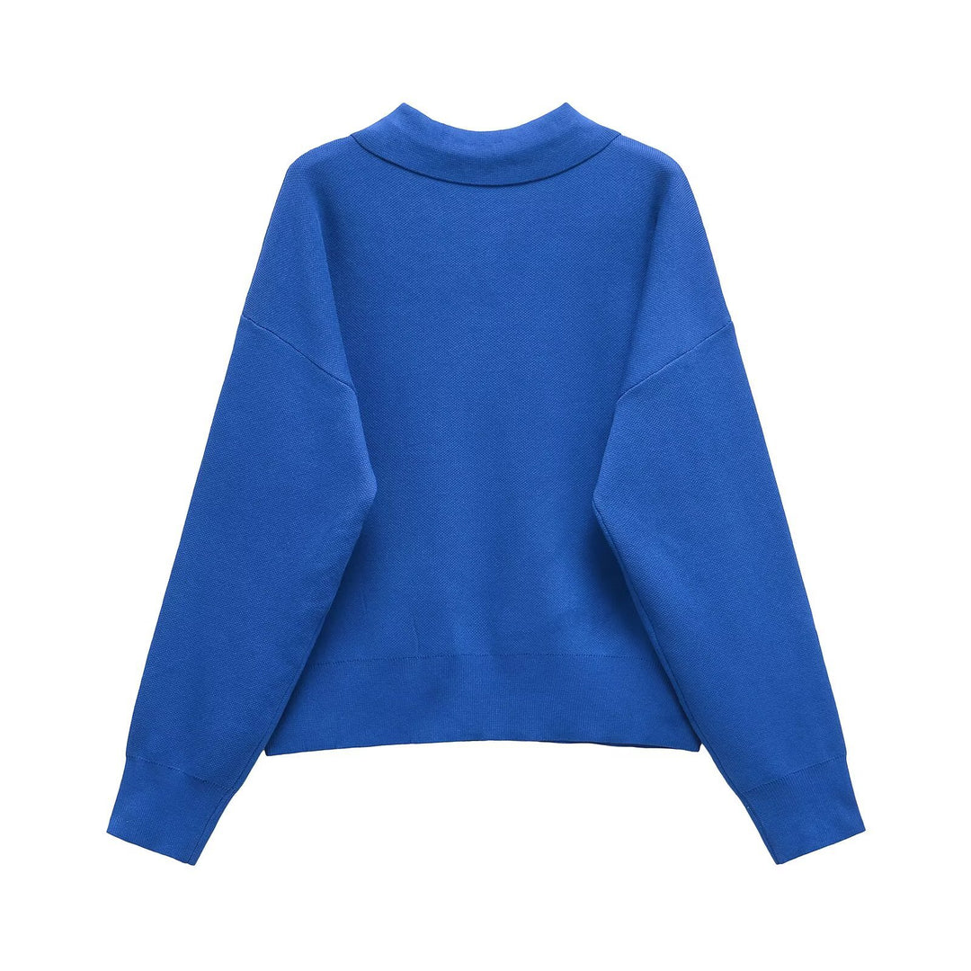 Women's Knit Polo Sweater with Button Placket, Chest Pocket, and Drop Shoulder Mune Fashion