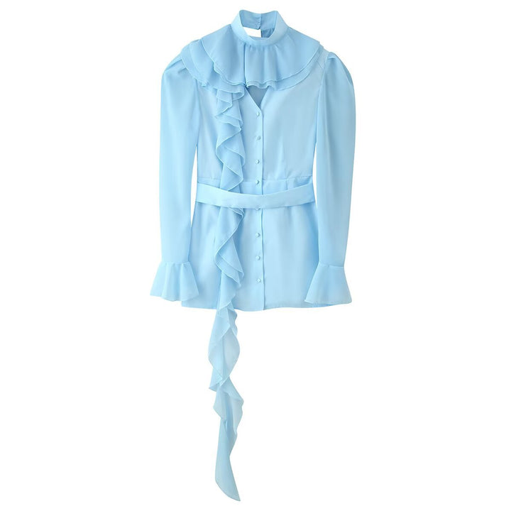 Ladies ruffle blouse with stand-up collar, ruffle details and waist belt Mune Fashion