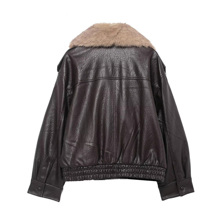 Women short-cut leather imitation bomber jacket with voluminous fur collar Mune Fashion