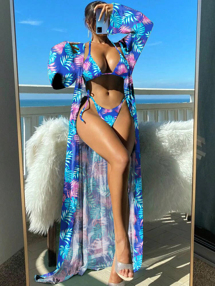 Women's Bikini Set with Transparent Kaftan and Floral Design Mune Fashion